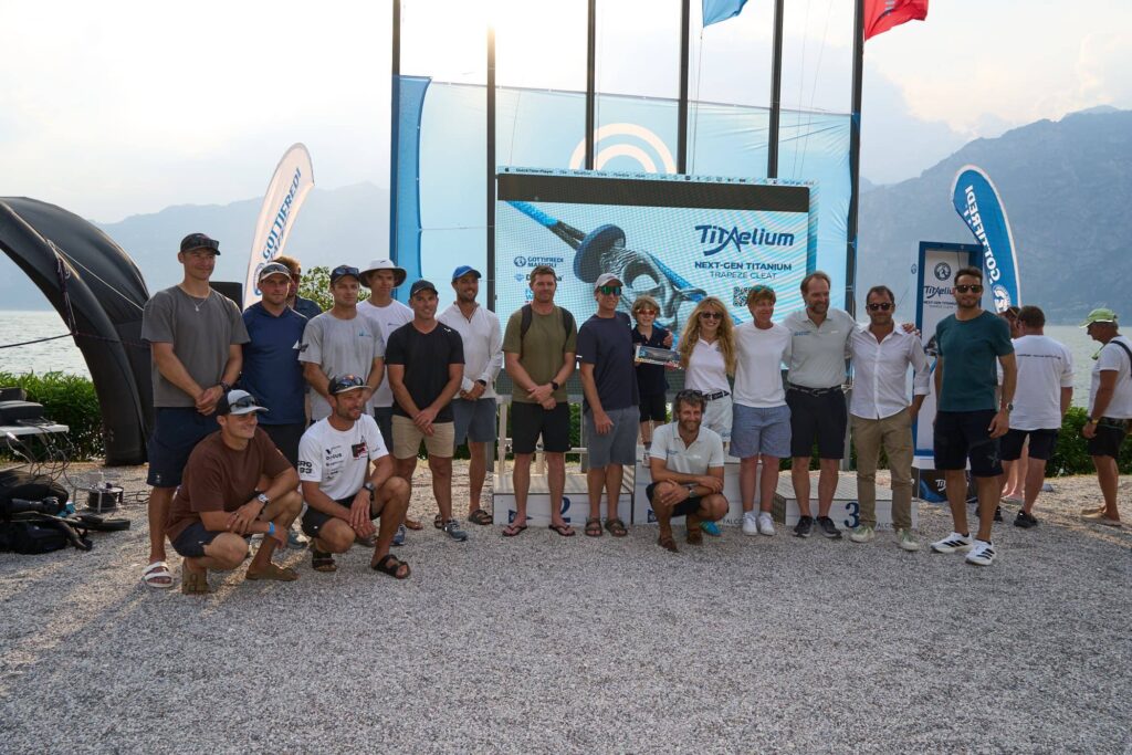 Group photo from the Summer Lightness Party in Malcesine featuring the Gottifredi Maffioli team, technical partners and world-renowned sponsored athletes.
